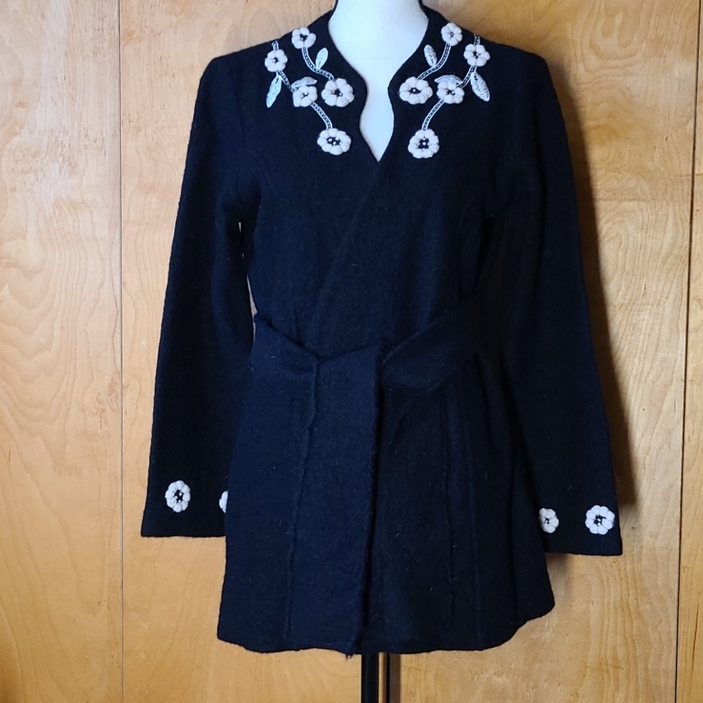 Cynthia Rowley black cardigan wool sweater with stiched floral detail- M